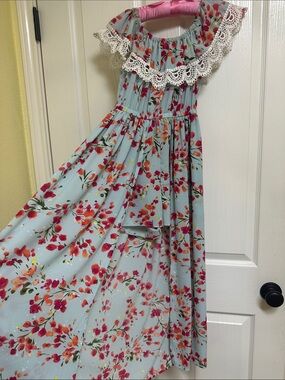 Light Blue Floral Off-Shoulder Maxi Dress cover-up with Lace Trim